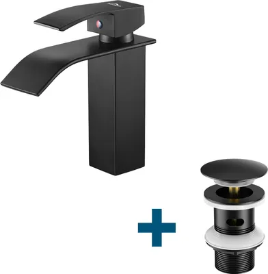 Produktbild von Auralum Waschtischarmatur Wasserfall Wasserhahn + Ablaufgarnitur mit Überlauf, Wasserhahn Bad mit Pop Up, Schwarz