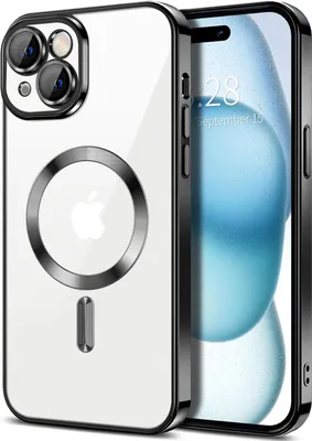 Immagine prodotto di Custodia magnetica trasparente per iPhone 15, compatibile con MagSafe, custodia protettiva galvanica con protezione della fotocamera Nero