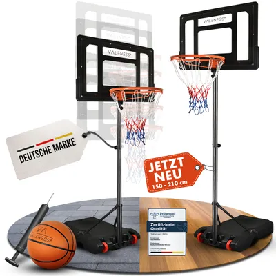 Produktbild von VALENESS® Basketballkorb Outdoor - [150 bis 210 cm] Höhenverstellbarer und Wetterfester Ständer - Profi Korb Mit Basketball und Pumpe (Kinder)