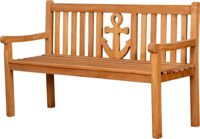 A wooden bench with an anchor design on a white background.