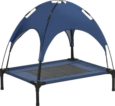 A blue elevated dog bed with a canopy.