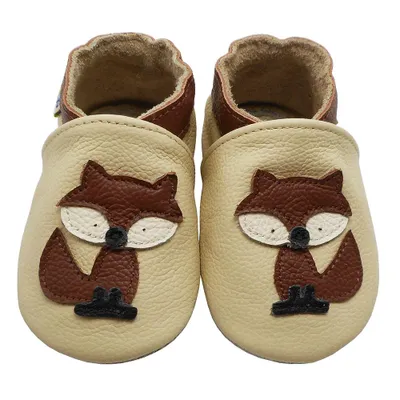 Produktbild von YALION® Baby Krabbelschuhe aus Echtleder,weiche Lauflernschuhe für Mädchen&Jungen, rutschfeste Ledersohle, Cream, Fuchsmotiv, Größe S (0–6 Monate)