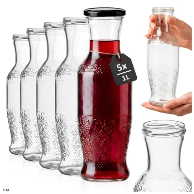 Zdjęcie produktu dla SUPERBUTELKI - 5x Karafki szklane na wodę, lemoniadę, soki, wino Florica 1 L 1000 ml na zakrętkę