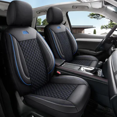 Immagine prodotto di Coprisedili auto per Audi Q2 GA su misura| Set di 2 pezzi | Sedile conducente + passeggero Serie AIS | Nero con cuciture blu