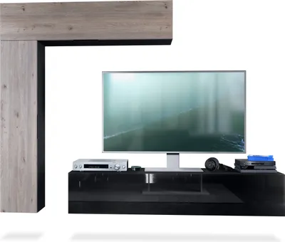 Produktbild von Vladon Wohnwand Taurito,  Germany, Schwarz matt/Eiche Nordic - Moderne Anbauwand für Ihr Wohnzimmer (320 x 182 x 39 cm)