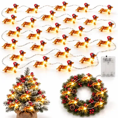Produktbild von Dackel Weihnachtslichterkette mit 50 warmweißen LEDs, Kupferdraht, batteriebetrieben, 2 Leuchtmodi, Weihnachtsdeko für Innenräume