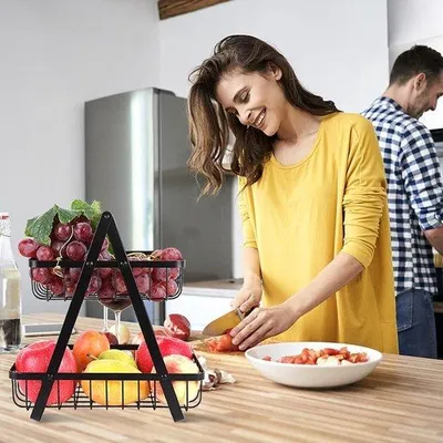 Obrázek produktu pro Dvoupatrový košík na ovoce, odnímatelná nádoba na skladování, praktický, černý, kovový