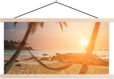 Produktbild von MuchoWow® Textilposter Sommer - Sonnenuntergang - Hängematte 60x30 cm mit holzfarbenen Rahmen - Dekoration
