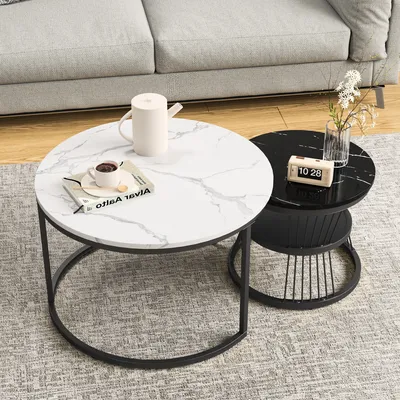 Produktbild von Zweiteiliges Beistelltisch-Set – Schwarz-weißes Set mit Marmoroptik-Tischplatte, modernes multifunktionales Design