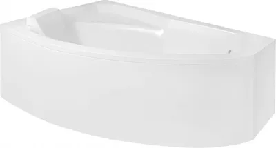 A white corner bathtub with a curved front panel.
