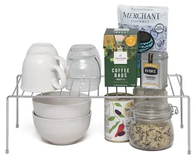 Immagine prodotto di Set di 4 organizer per armadietti da cucina, in acciaio cromato, ripiani portaoggetti, per la cucina