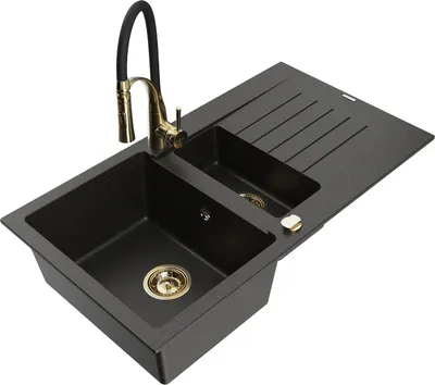 Produktbild von Mexen Matias 1,5-Becken-Granitspüle mit Abtropffläche und Mischbatterie Aster, Schwarz/Gold metallisch - 6502-75-73450-57-G