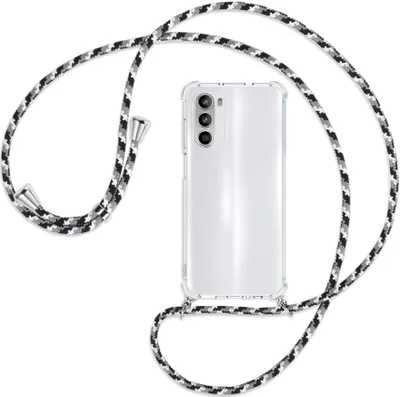 Produktbild von Handykette Backcover-Schutzhülle mit Band (Metall silberfarben) für Motorola Moto G52 / G82 - schwarz/grau/weiß