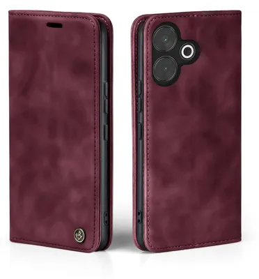 A burgundy flip cover phone case is shown from two angles, one closed and one open to reveal the phone inside.