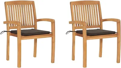 Produktbild von 2 Gartenstühle aus massivem Teakholz mit taupefarbenen Kissen