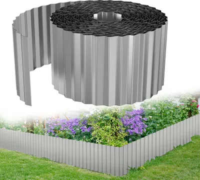 Image de LARS360 Bordure de pelouse flexible, 10m de long, 18cm de haut, bordure métallique ondulée Délimitation de jardin, bordure de tonte pour pelouse et parterre de fleurs, argenté