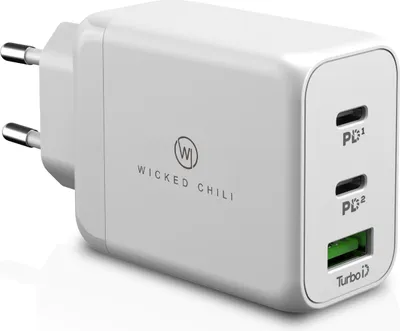 A white 3-port USB-C GaN charger with the brand logo and port labels visible.