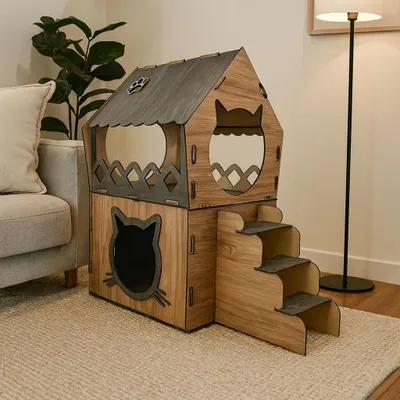 Image de XL maison pour chats à 2 étages en MDF avec escalier - villa pour chats avec balcon, système d'assemblage, meuble pour chats d'intérieur, 68×42×35 cm