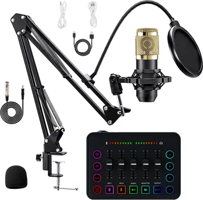 Produktbild von Podcast-Ausrüstungspaket, Streaming-Audio-Interface-Kit mit Kondensatormikrofon, Rauschunterdrückung, Live-Soundkarte-Audiomischer für Live-Streaming,