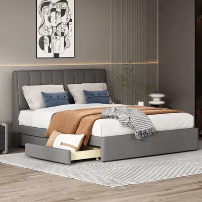 Produktbild von Polsterbett Doppelbett 140 x 200 cm, mit Schubladen Lattenrost Rückenlehne, Leinenbett mit Außenverteidigern auf beiden Seiten des Kopfteils