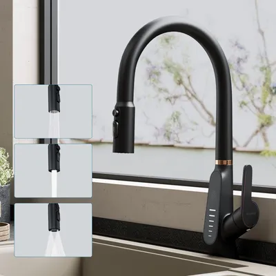 Produktbild von doporro Wasserhahn Küche Hochdruck mit Digitalanzeige, Ausziehbare Vollmessing-Körper Spültischarmatur, Einhebel-Mischbatterie Küche Schwarz MS-8085