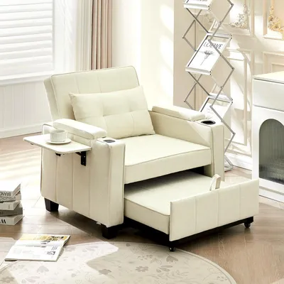 Produktbild von CLIPOP Einzelsessel, 3-in-1-Liegesessel mit Ausziehfunktion aus Leinen, Beige