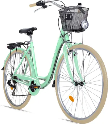 Produktbild von Bergsteiger Florenz 28 Zoll Damenfahrrad, ab 160 cm, Korb, Fahrrad-Licht, Shimano 7 Gang-Schaltung, Standlichtfunktion, Damen-Citybike, Damenrad im Retro-Design