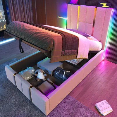 Produktbild von Polsterbett 90x200 cm mit LED, USB-C & Stauraum, Modernes Einzelbett Bettgestell mit Kopfteil & Lattenrost, Geräuschlos, Beige Leinen-Optik
