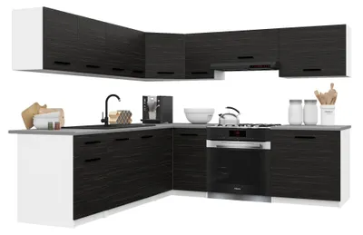 Obrázok produktu pre Belini Moderná kuchynská linka ITALIA 7 – kuchynský nábytok 420 cm, ebenové drevo – vstavaná kuchyňa so závesnými skrinkami, spodnými skrinkami a pracovnými doskami