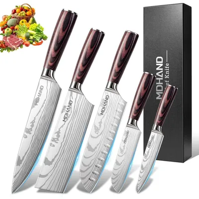 Immagine prodotto di Set di coltelli da cucina, 5 pezzi, multifunzionali, resistenti alla ruggine, con impugnatura ergonomica, colore rosso