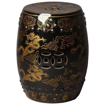 A black ceramic garden stool with gold dragon and coin motifs.