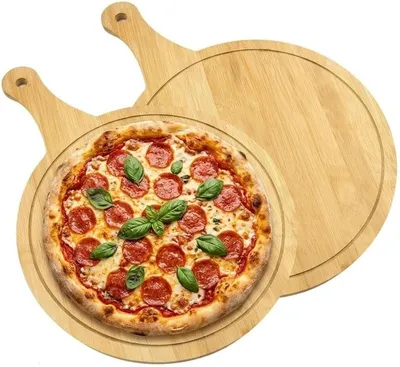 Pizzabrett rund 30 cm mit Griff – 2er Set Bambus