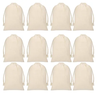 Productafbeelding van Stoffzakken met trekkoord - 12 stuks van katoen - Voor opslag en knutselprojecten - 15x20 cm