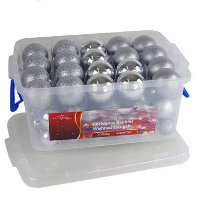 Obrázok produktu pre Vianočné darčeky Sada vianočných ozdôb strieborná 70 ks ozdôb na stromček - Vrátane úložného boxu - Plastové ozdoby na stromček - Ø4/5/6 CM - Matné/lesklé/trblietavé