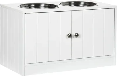 Produktbild von Erhöhte Hundefutterstation - Doppelnapfständer - Für große Hunde - 2×2000 ml - Versteckter Stauraum - MDF & Edelstahl - 60×30×35,5 cm - Weiß