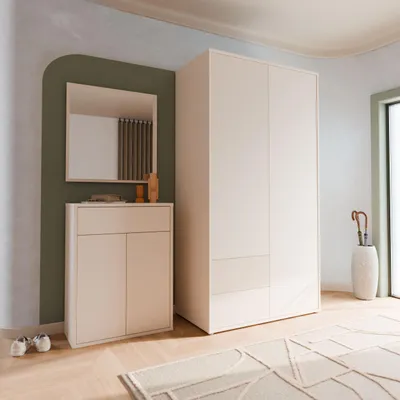 Produktbild von Forte ALICE SPRINGS Garderobenschrank 120, modern-minimalistisch, 2-türig, 2 Schubladen, Flurschrank, Holzwerkstoff, Kaschmir Beige, 114,5 cm breit x 214,3 hoch x 60 cm tief