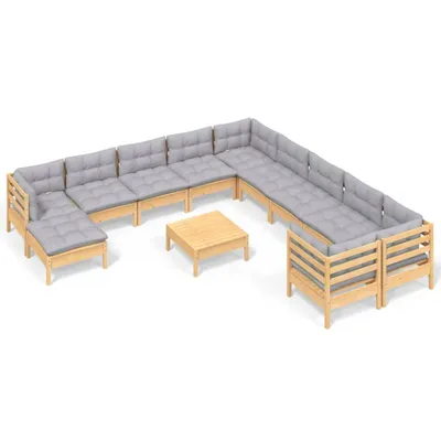 Produktbild von vidaXL 12-tlg. Garten-Lounge-Set mit Grauen Kissen Kiefernholz