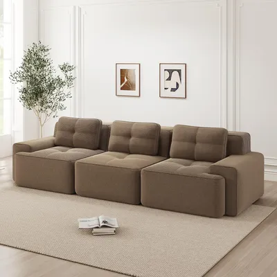 Zdjęcie produktu dla Kanapa „Cloud” z tkaniny sztruksowej, modułowa kanapa bezramowa, 3-osobowa, z głębokim siedziskiem, 293 x 104 x 69 cm, brązowa