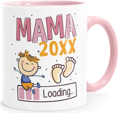 Produktbild von Kaffee-Tasse Schwanger Schwangerschaft Jahreszahl personalisiert Geschenk Mama Papa Oma Opa loading SpecialMe® Mama-Sohn weiss-innen-rosa Keramik-Tasse
