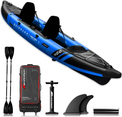Produktbild von SKINHAWK Prestige Kajak 400 – Zweier-Kajak in Blau – Set mit Fiberglas-Paddel