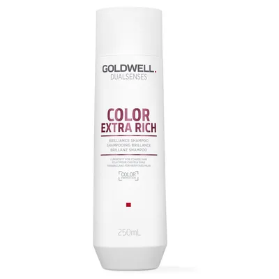 A white bottle of Goldwell Dualsenses Color Extra Rich Brilliance Shampoo.
