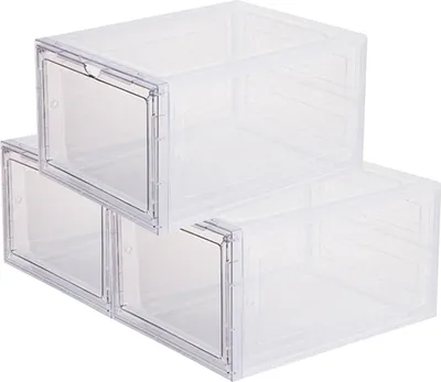 Produktbild von MODFU Schuhboxen Stapelbar Transparent, 12Stück Hartplastik Schuhkarton mit Deckel mit PP Türrahmen, Schuh-Organizer Schuhaufbewahrung für Stöckelschuhe, Stiefeletten
