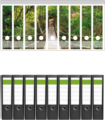 Produktbild von Wallario 9 Stück breite Ordner inkl. Klebeetiketten mit Motive Hängebrücke im Urwald  grüner Dschungel -  Set mit Rückenschildern / Ordnerrücken Stickern