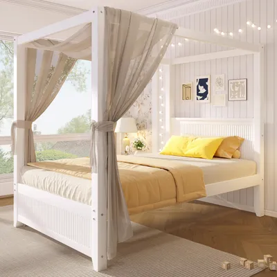 Produktbild von Flieks Himmelbett 90x200cm mit Dachrahmen, Holzbett Einzelbett mit Lattenrost, Klassisches Bett Jugendbett Kinderbett mit Kopfteil, Weiß