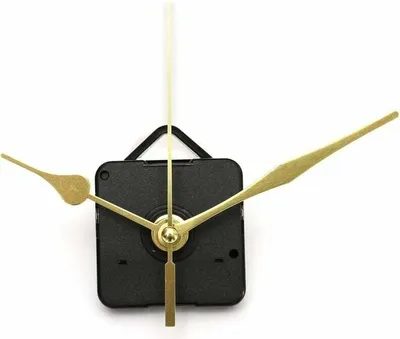 A close-up shot of a clock mechanism with three gold-colored hands against a white background.