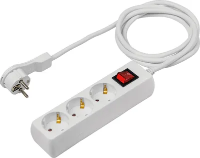 A white 3-socket power strip with a red on/off switch and a white power cord with a European plug, isolated on a white background.