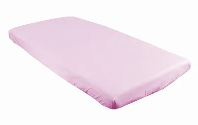 A pink baby crib sheet is shown lying flat on a white background.
