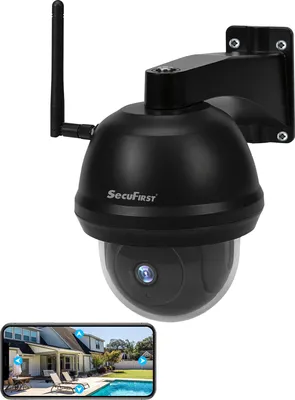 A black SecuFirst PTZ outdoor surveillance camera is mounted on a wall bracket. A smartphone displaying a live feed of a house with a pool is shown below the camera.