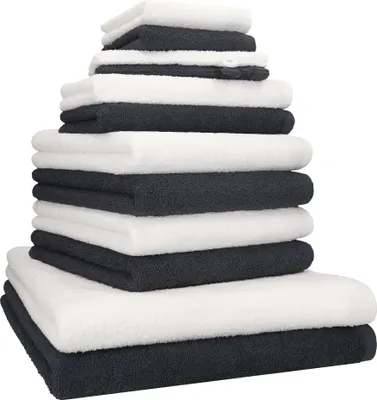 Produktbild von Betz 12-tlg. Handtuch-Set BERLIN 2 Liegetücher 4 Handtücher 2 Gästetücher 2 Seiftücher 2 Waschhandschuhe 100% Baumwolle – Farbe: graphit / weiß