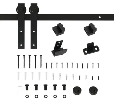 Produktbild von Schiebetürbeschlag - Komplettes Schiebetürsystem - 183 cm Laufschiene - Für einflügelige Holztüren - Bodenführung - Laufrollen - Schwarz